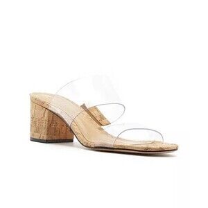Schutz Women Victorie Mid Block Heel Mule Sandals Slip On 8.5 B Natural Clear